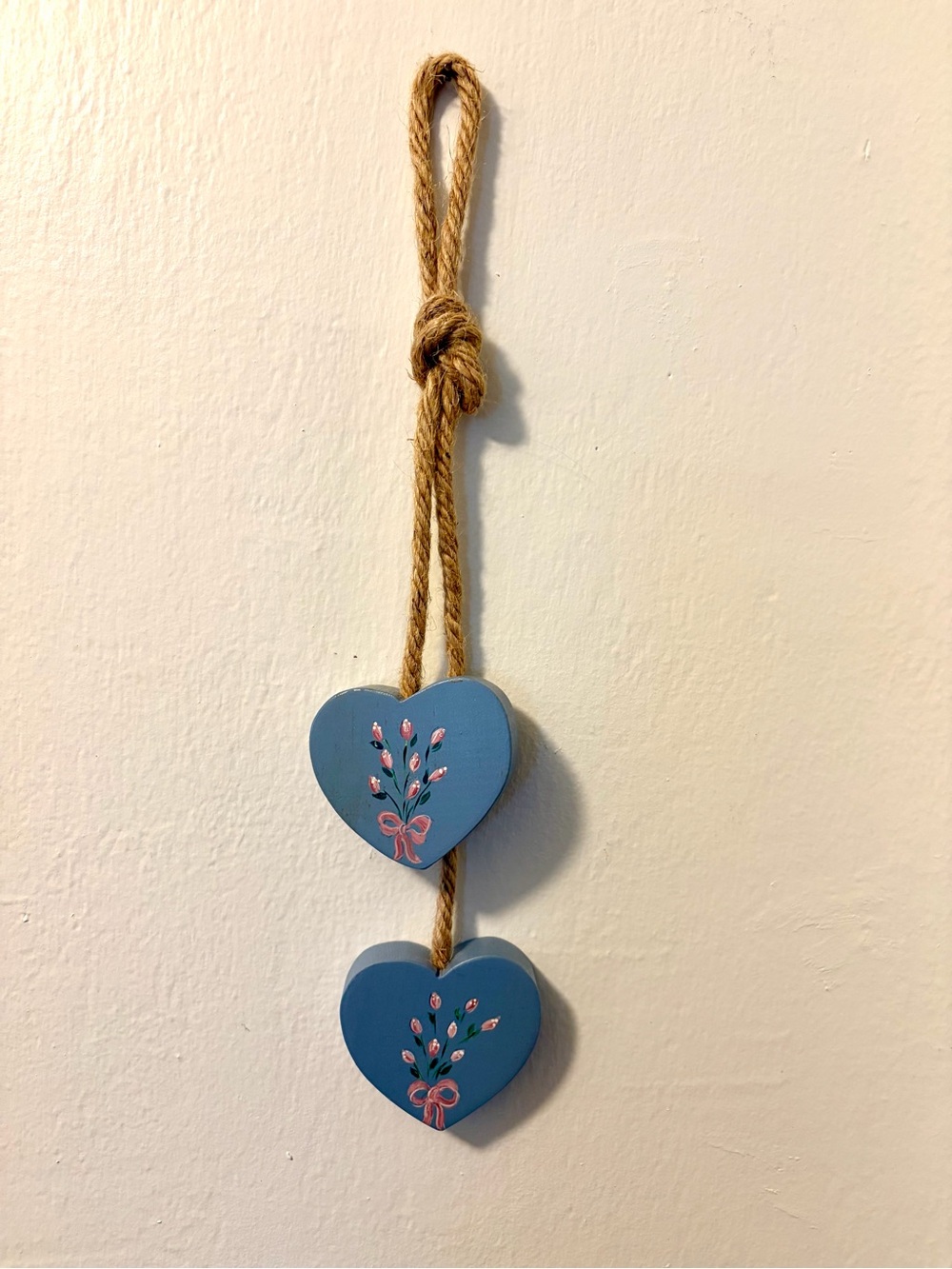 Rustic Vintage Wooden Blue Heart Floral Wall Hanging Cottagecore